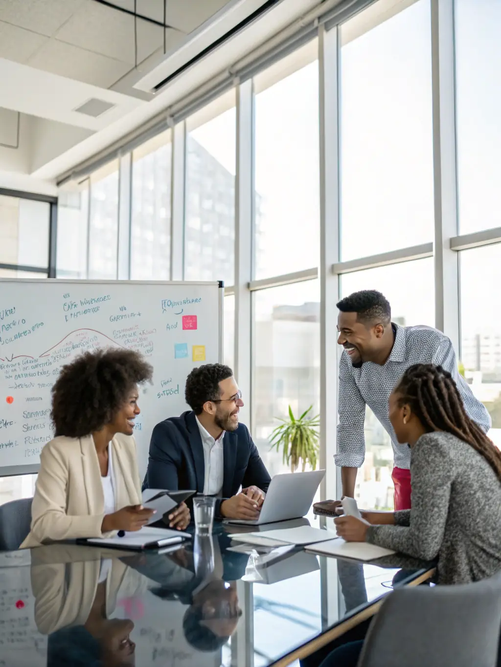 A consultant facilitating a critical thinking session with a team, encouraging innovative solutions and collaborative problem-solving in a creative workspace.